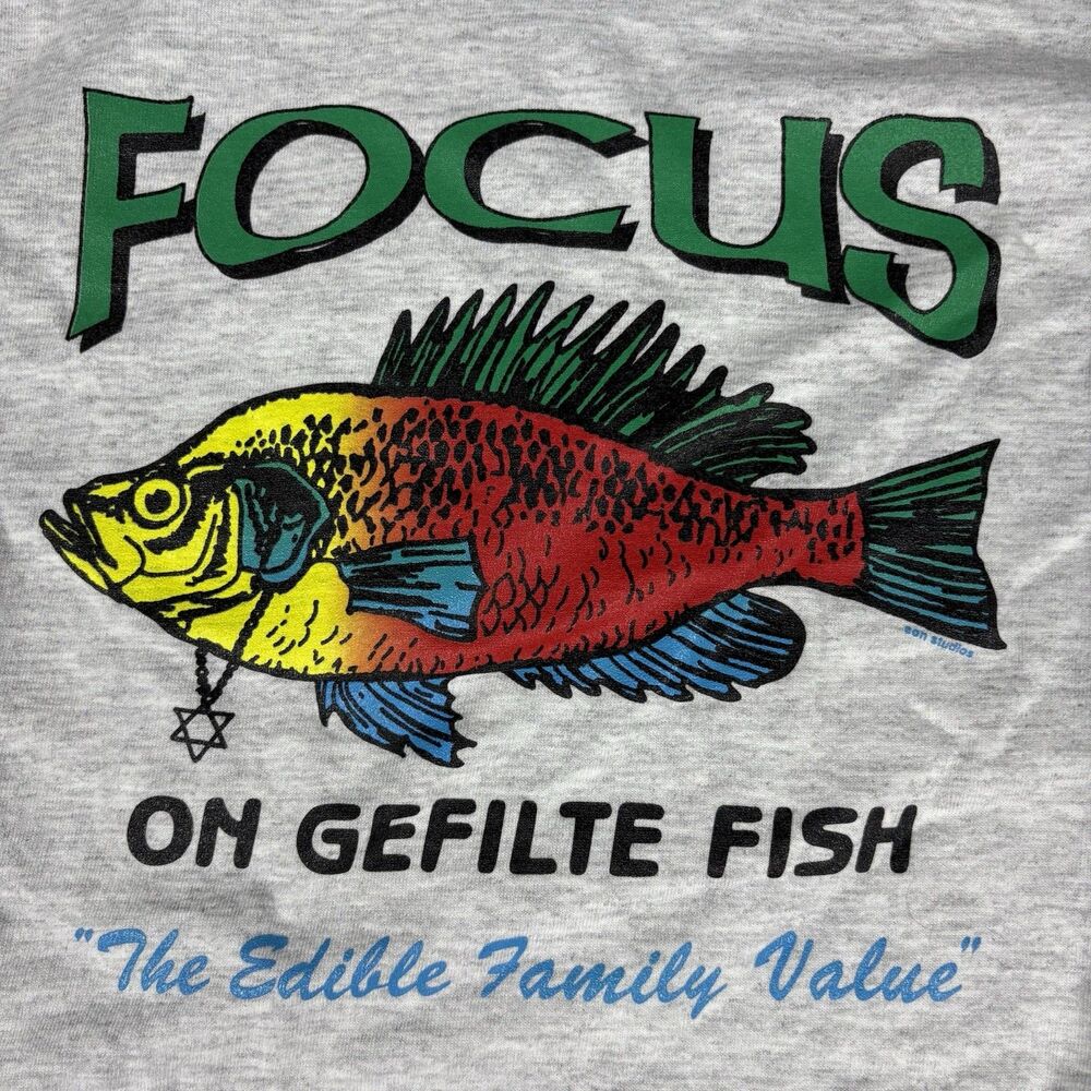 Vintage 90s Gefilte Fish‎ T-Shirt L Lee USA Graphic Tee Jewish Humor Rodney King